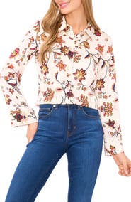 CeCe Floral Border Print Satin Button-Up Shirt