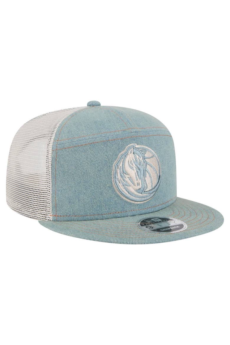 Men's New Era Dallas Mavericks Adventure Denim Split Panel 9FIFTY Snapback Trucker Hat, Alternate, color, Denim