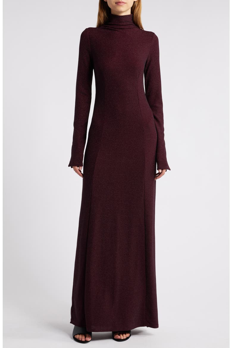 Lilith Metallic Long Sleeve Turtleneck Maxi Sweater Dress, Main, color, BURGUNDY
