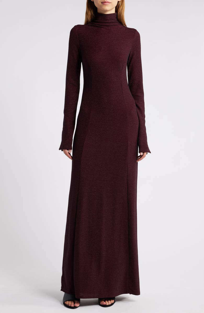 rag & bone Lilith Metallic Long Sleeve Turtleneck Maxi Sweater Dress, Main, color, Burgundy
