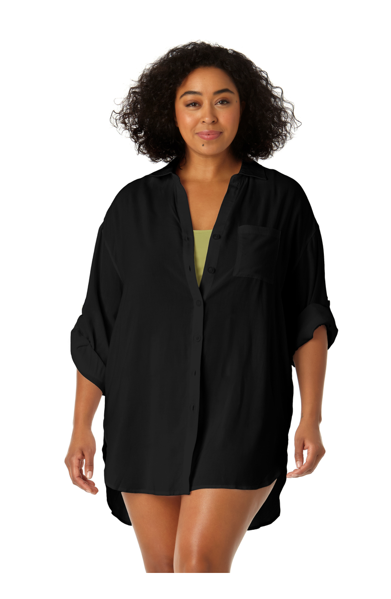 Anne Cole Women's Plus Live In Color Button Down Shirt Swimsuit Cover Up, Alternate, color, Black