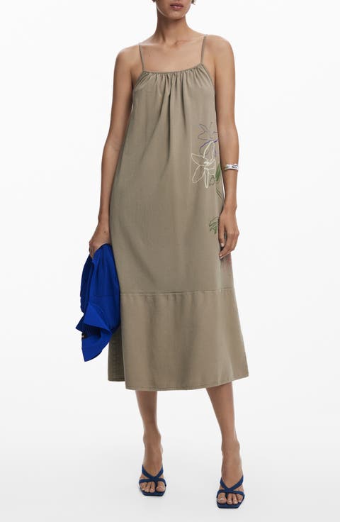 Floral Embroidered Cotton Midi Dress