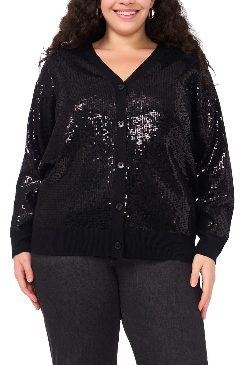 Sequin Mixed Media Cardigan, Main, color, RICH BLACK