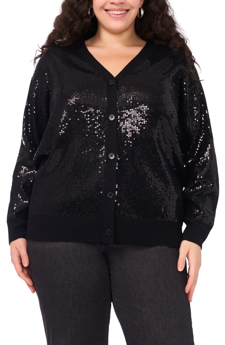 Vince Camuto Sequin Mixed Media Cardigan, Main, color, Rich Black
