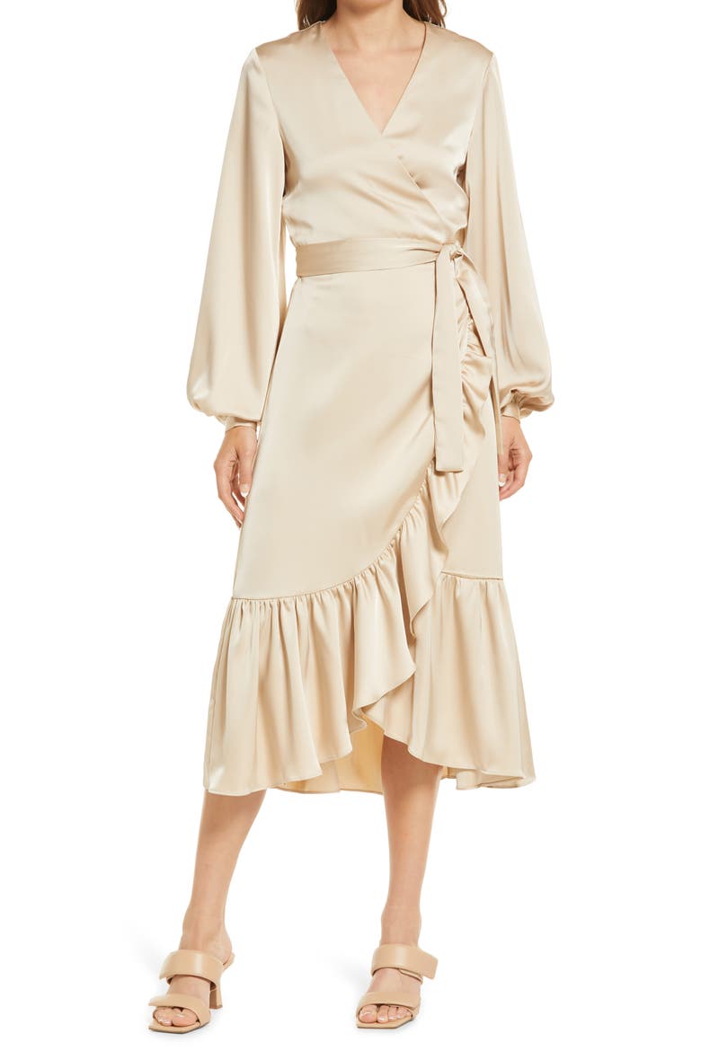 Long Sleeve Midi Wrap Dress, Main, color, OYSTER
