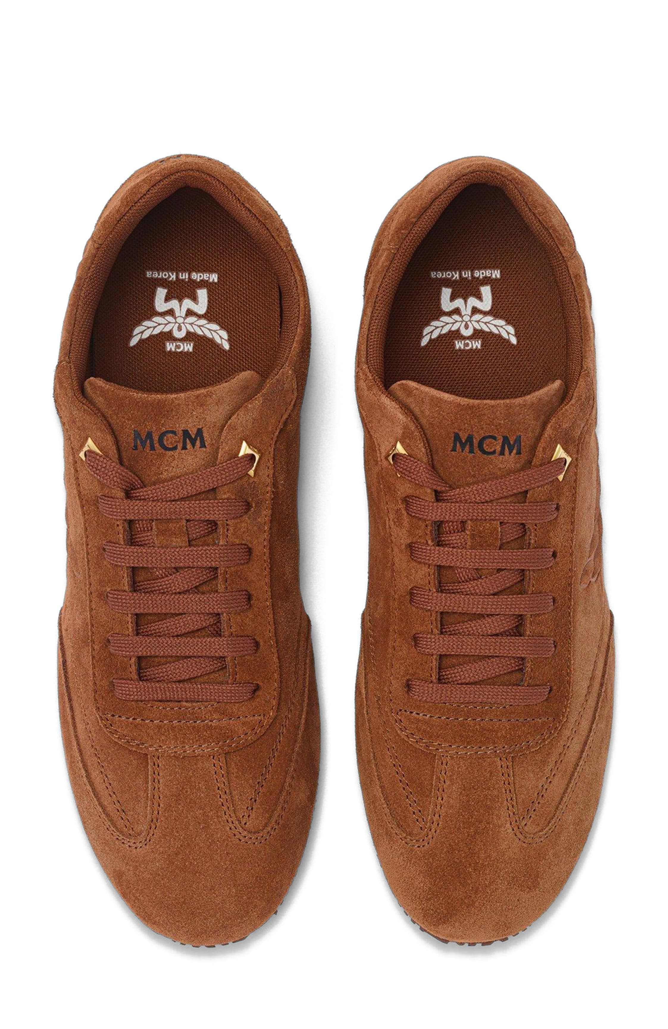 MCM Women's Federlite Lo Sneakers in Laurel Suede Leather, Alternate, color, Cognac