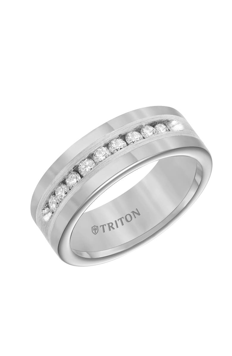 Triton 8MM Tungsten Diamond Ring with Channel Set Silver Satin Finish Inlay and Round Edge, Main, color, 