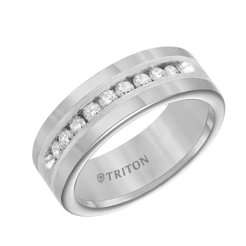 8MM Tungsten Diamond Ring with Channel Set Silver Satin Finish Inlay and Round Edge