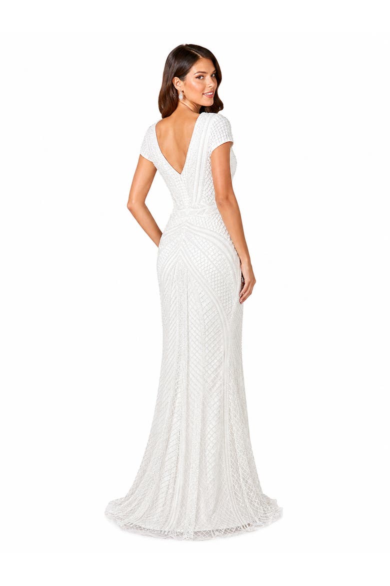 Beaded Faux-Wrap V-Neck Bridal Gown, Alternate, color, Ivory