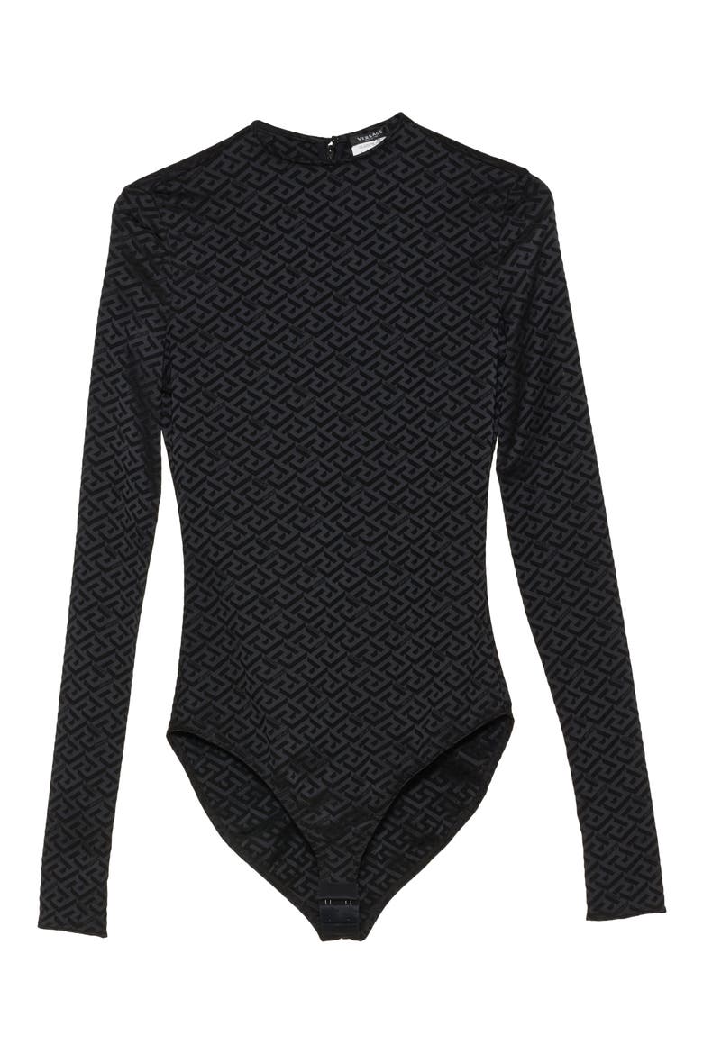 La Greca Monogram Print Long Sleeve Bodysuit, Alternate, color, NERO