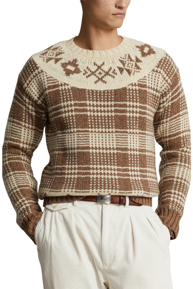 Fair Isle Wool & Linen Blend Sweater, Main, color, MED BROWN COMBO