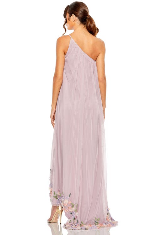 Mac Duggal One Shoulder Trapeze Embellished High Low Gown In Orchid Multi