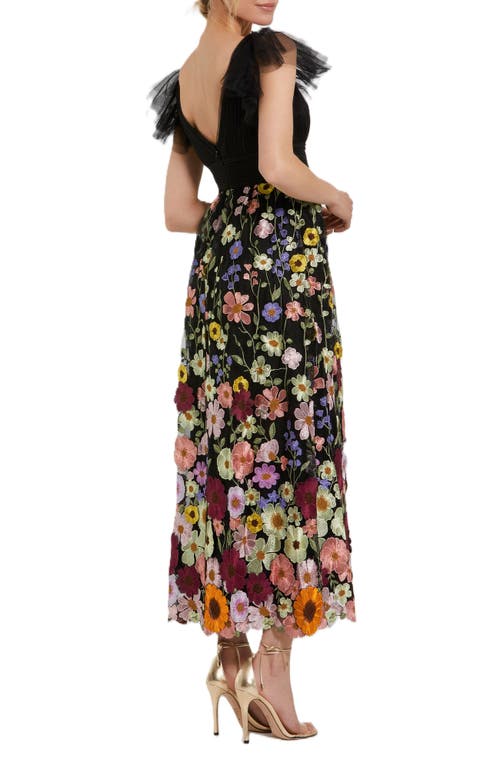 Mac Duggal Embroidered Ruched Flutter Sleeve A Line Dress In Black Multi