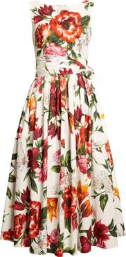 Dolce&Gabbana Floral Print Belted Poplin Fit & Flare Dress