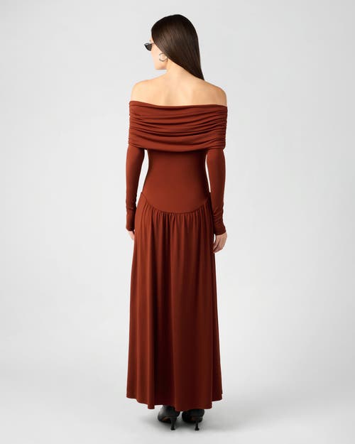 Weworewhat Off Shoulder Ruched Midi Dress In Brown