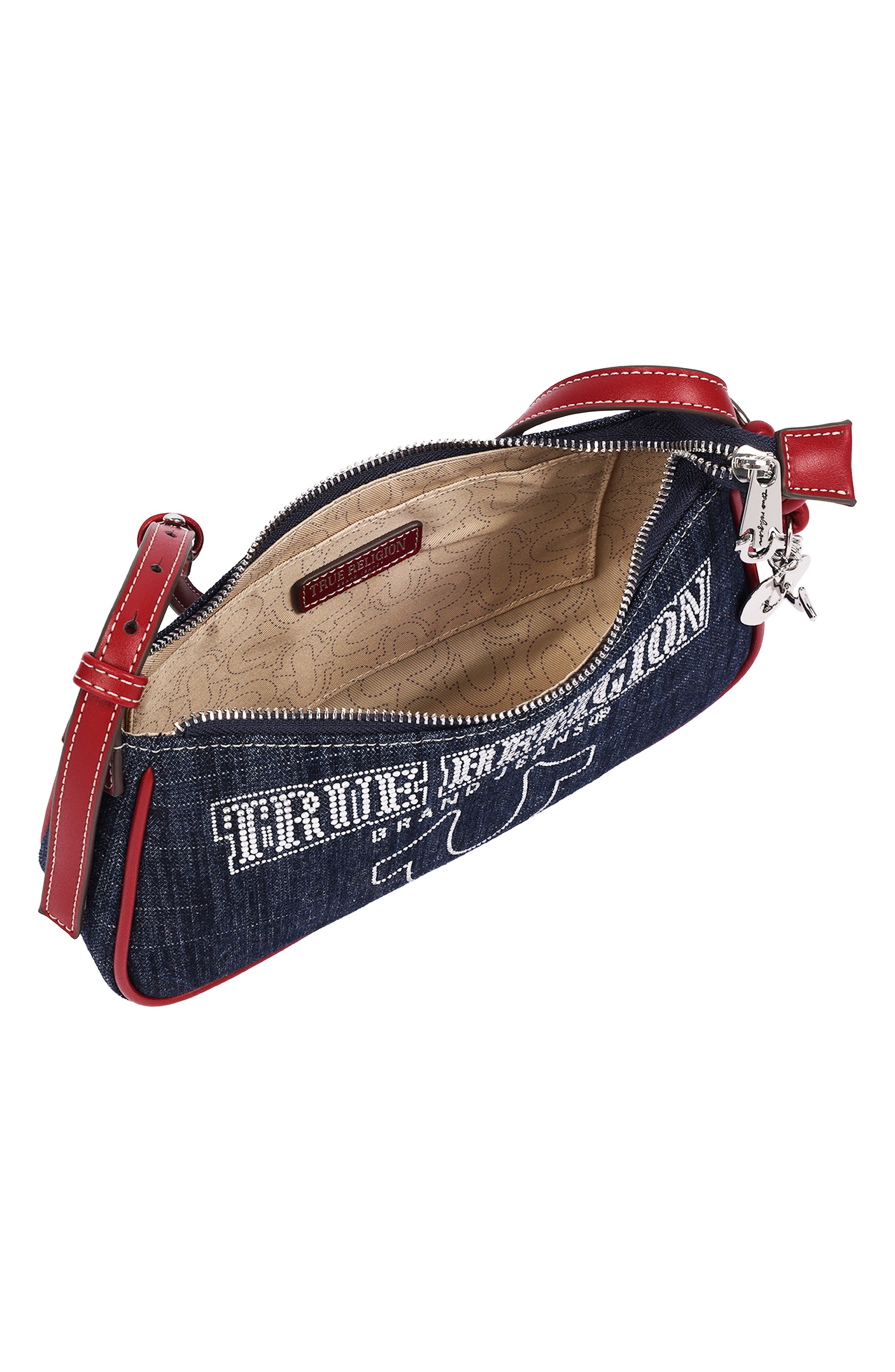 Bling Logo Denim Shoulder Bag, Alternate, color, RED