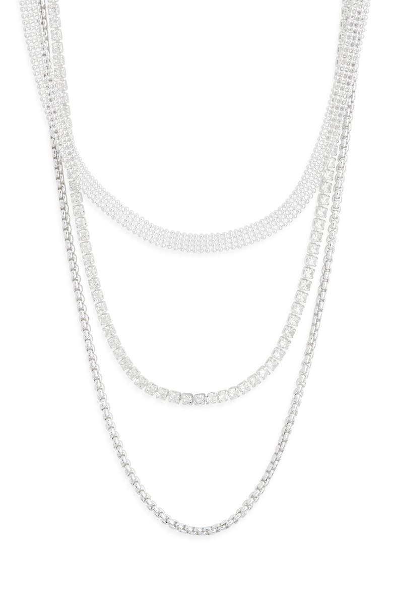 NORDSTROM RACK Set of 3 Mesh, Box Chain & Cubic Zirconia Tennis Necklaces, Main, color, Clear- Silver