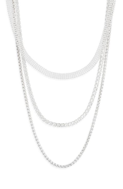Set of 3 Mesh, Box Chain & Cubic Zirconia Tennis Necklaces