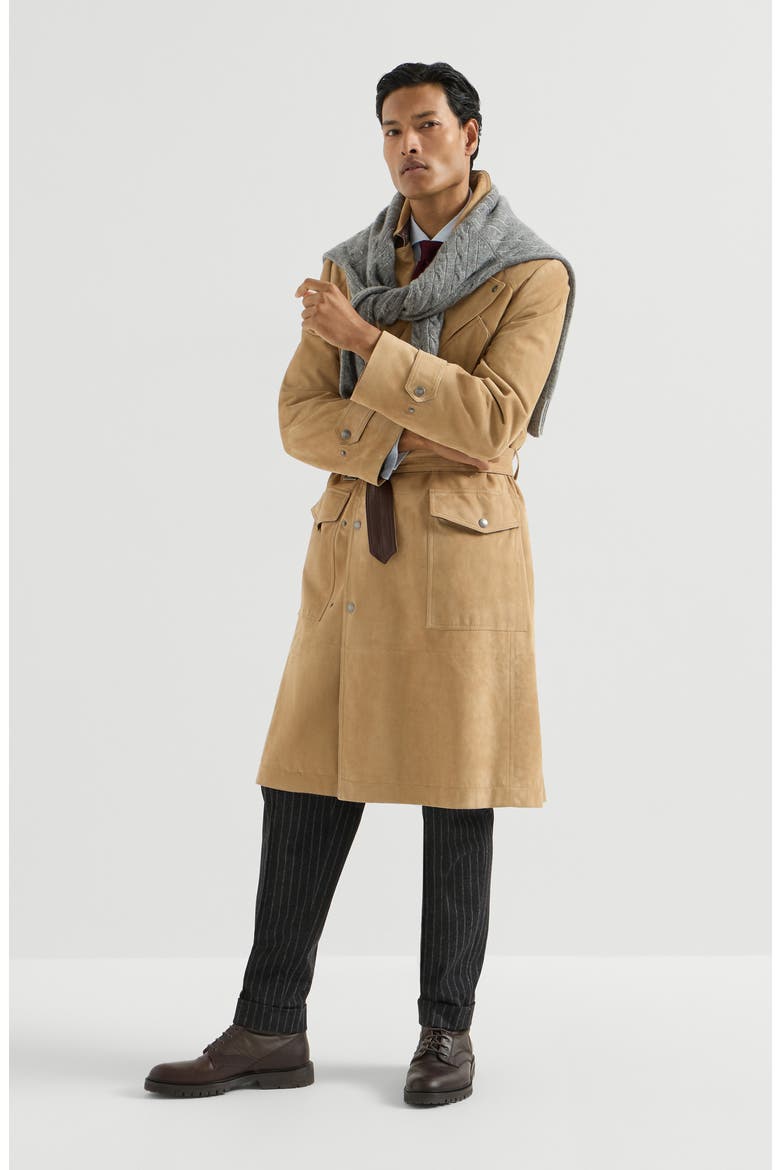 Suede motorcyle trench with nappa leather inserts, Alternate, color, Sand