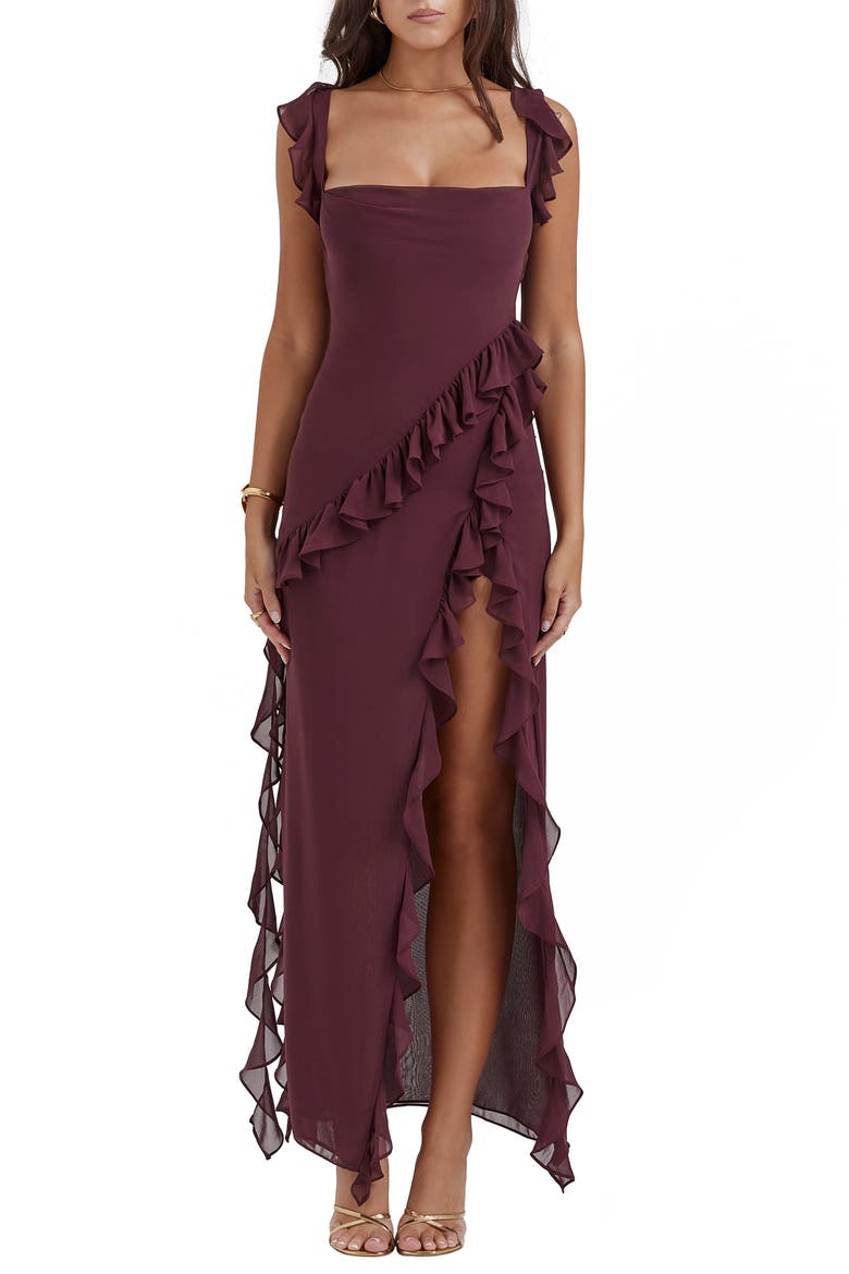 Ariela Ruffle Side Slit Gown, Main, color, MULBERRY