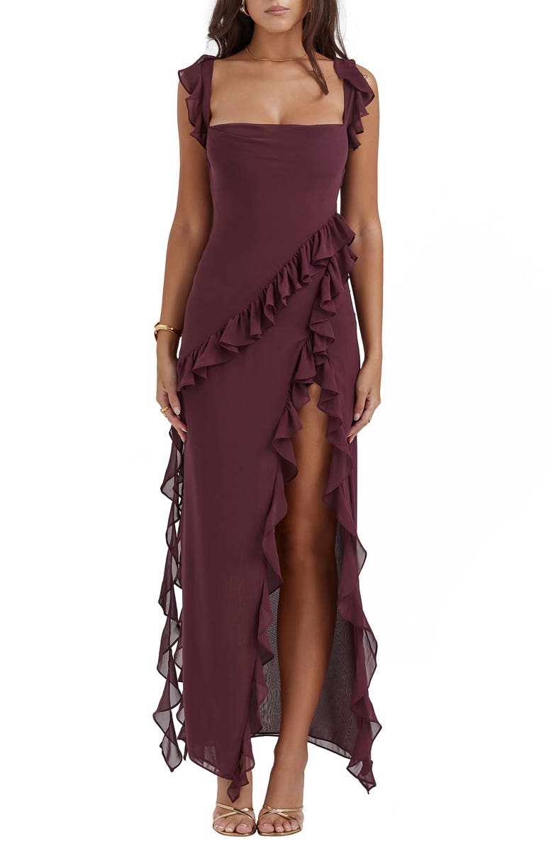 HOUSE OF CB Ariela Ruffle Side Slit Gown, Main, color, Mulberry