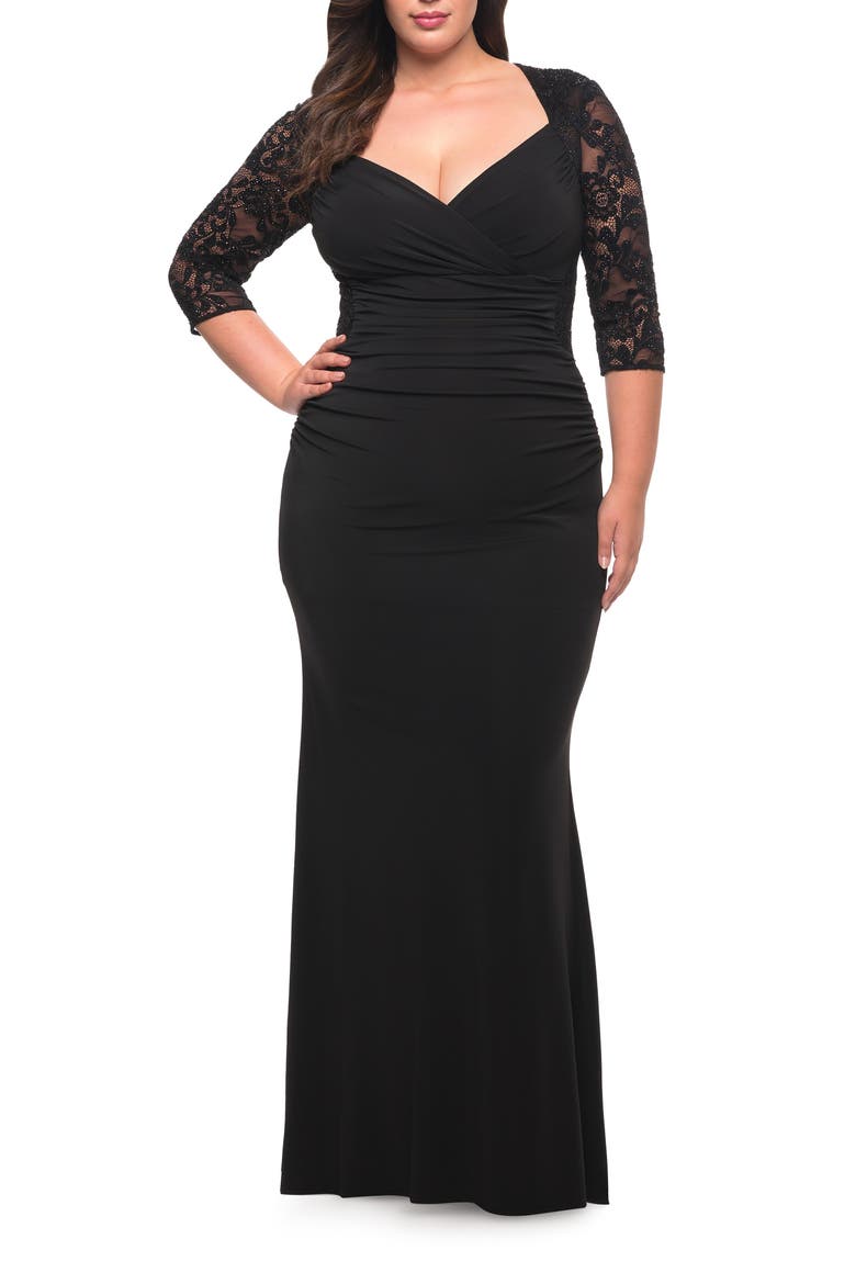 Jersey Plus Dress with Lace Sleeves and Back, Alternate, color, BLACK