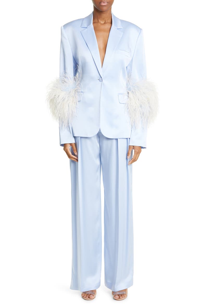 Ostrich Feather Trim Double Face Satin Blazer, Alternate, color, CELESTE