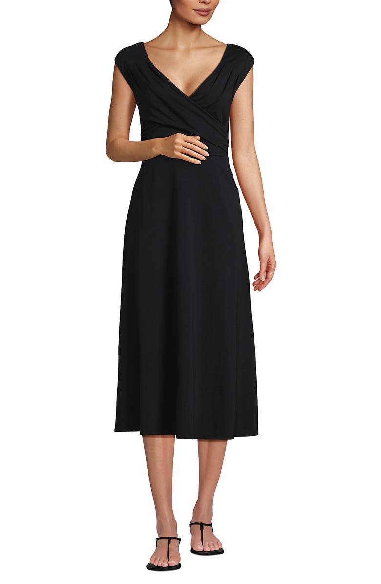 Lands' End Cotton Modal Off the Shoulder Wrap Midi Dress, Main, color, Black