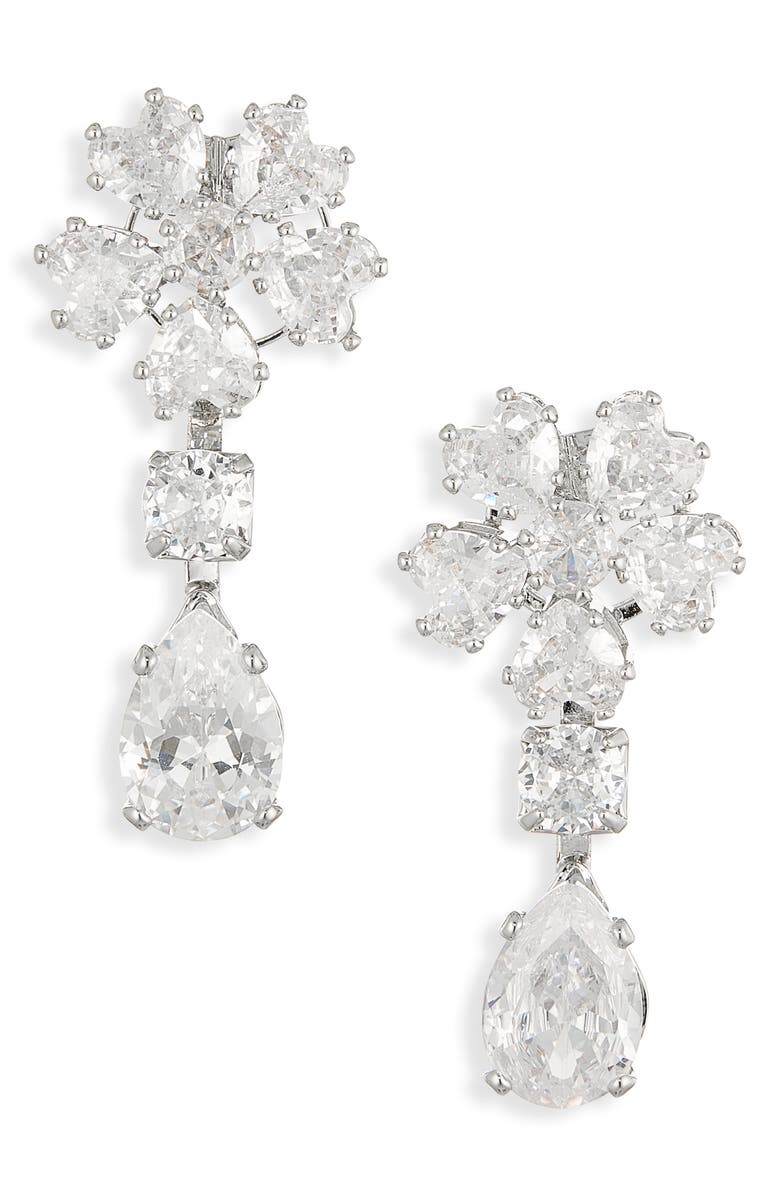 Cara Crystal Flower Drop Earrings, Main, color, Silver