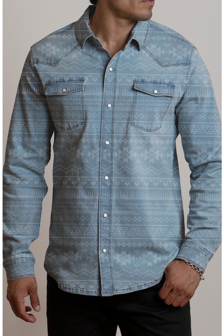 Geometric Stretch Western Denim Shirt, Main, color, LIGHT BLUE