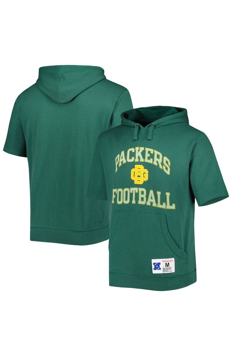 Mitchell & Ness Men's Mitchell & Ness Green Green Bay Packers Washed Short Sleeve Pullover Hoodie, Alternate, color, Green