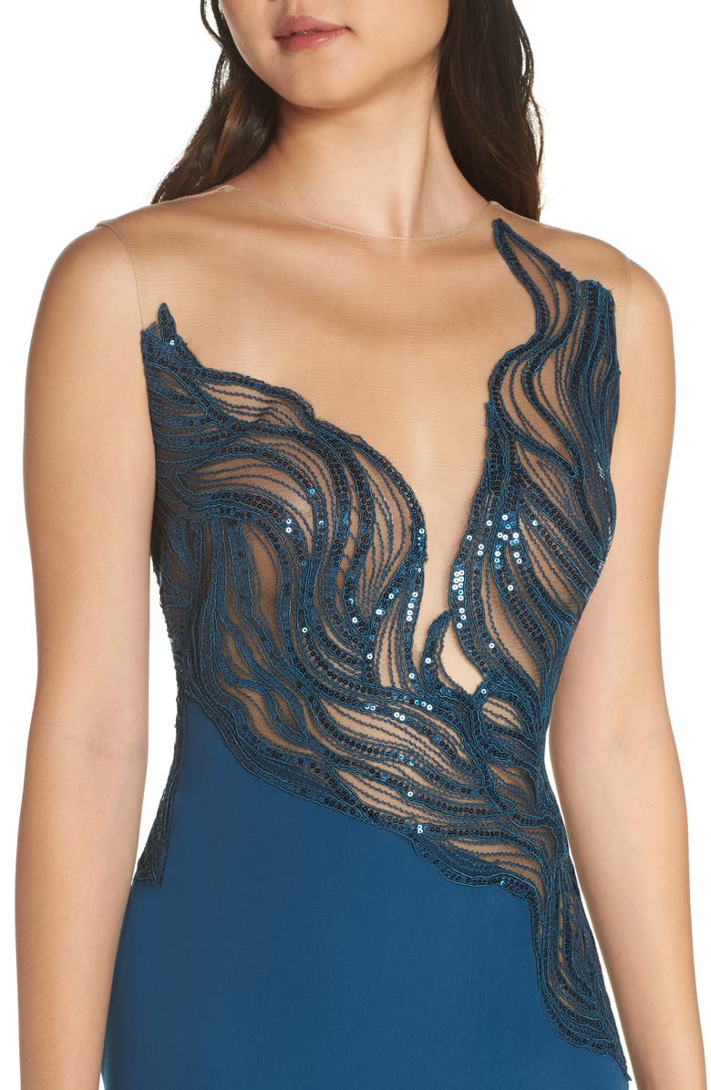 Tadashi Shoji Wave Sequin Illusion Gown, Alternate, color, 