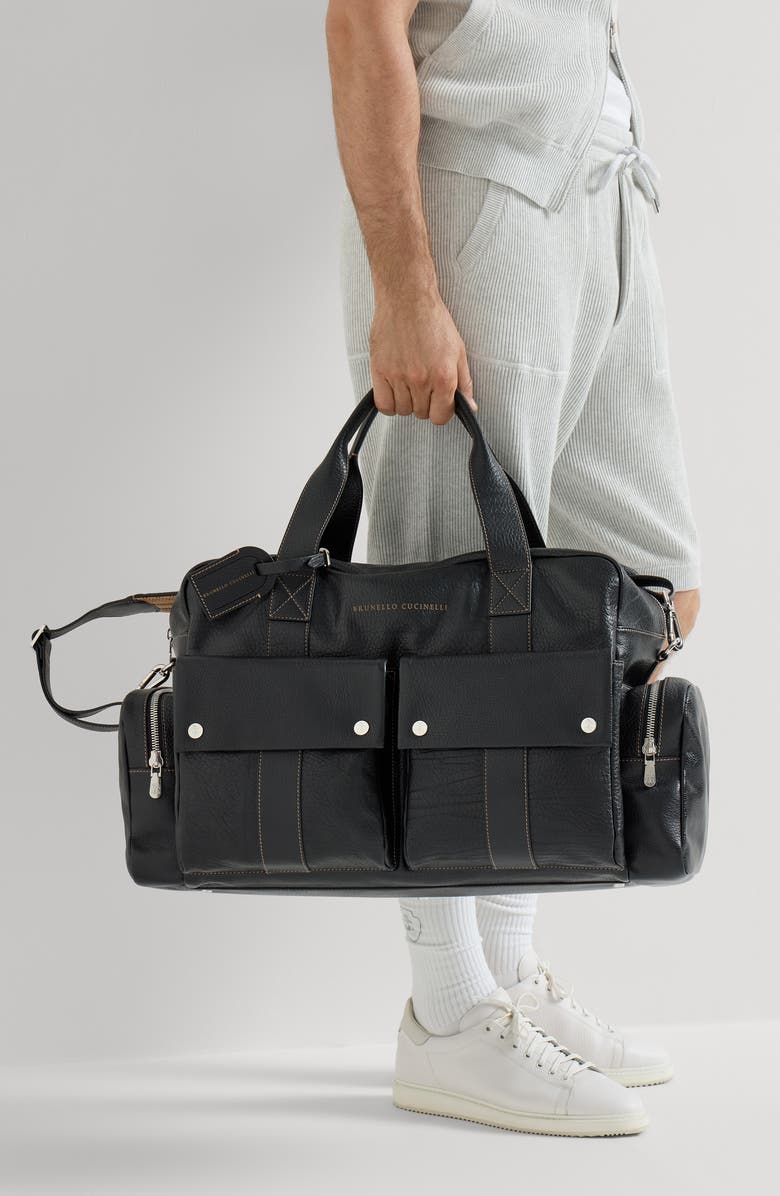Brunello Cucinelli Grained calfskin leisure bag, Alternate, color, Black