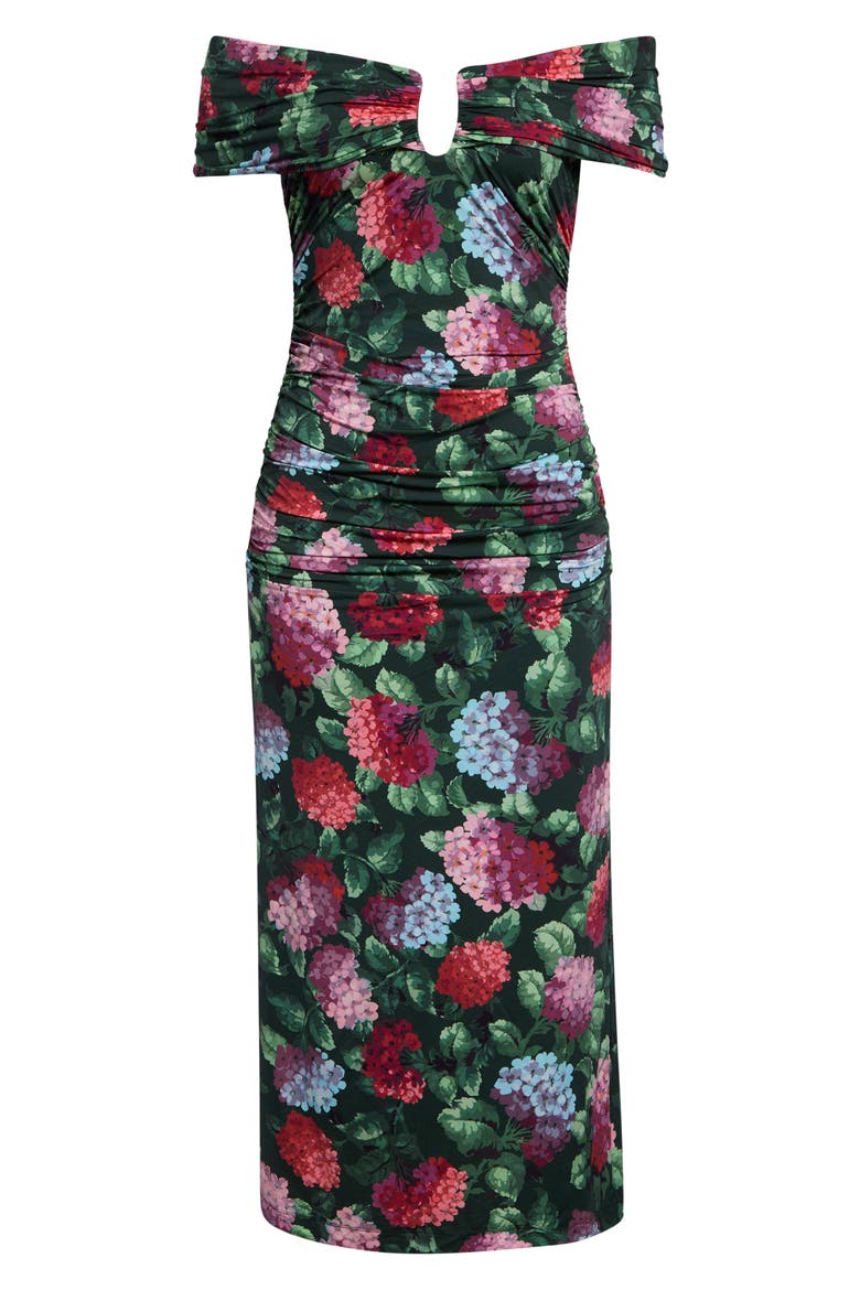 Off the Shoulder Ruched Jersey Dress, Alternate, color, RACING GREEN MULTI