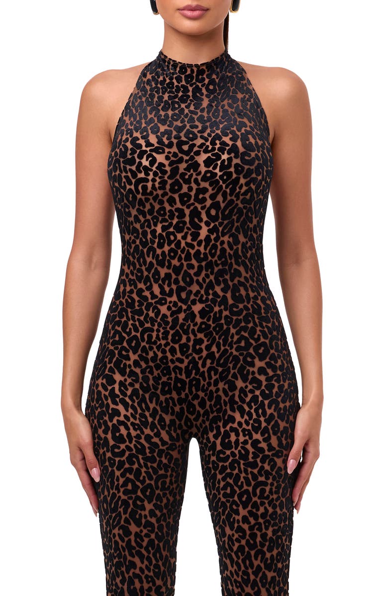 Naked Wardrobe Leopard Velvet Burnout Halter Capri Bodysuit, Alternate, color,