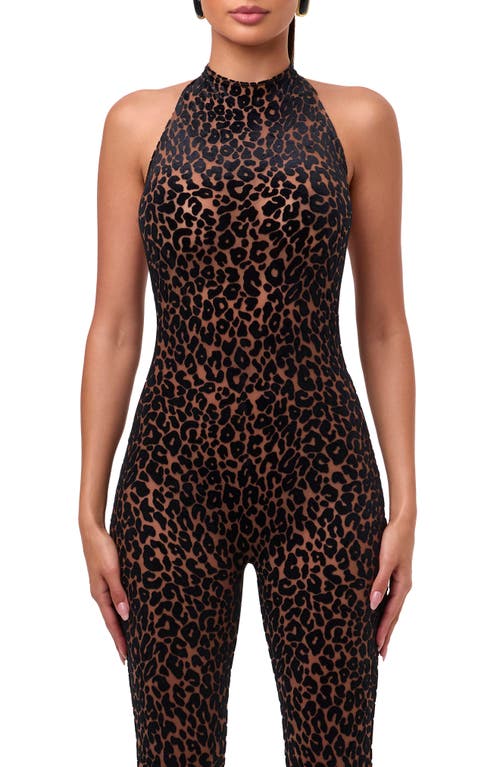 Naked Wardrobe Leopard Velvet Burnout Halter Capri Bodysuit In Multi