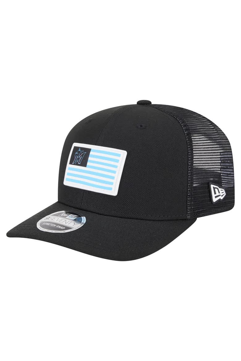 Men's New Era Black Miami Marlins Flag 9SEVENTY COOLERA Stretch-Snap Hat, Main, color, Black