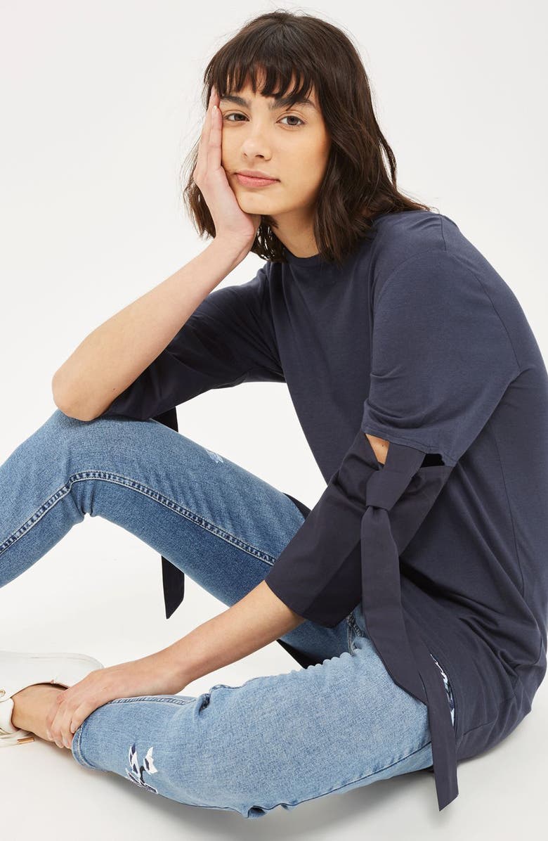 Topshop Tie Trumpet Sleeve Tunic, Alternate, color, Navy