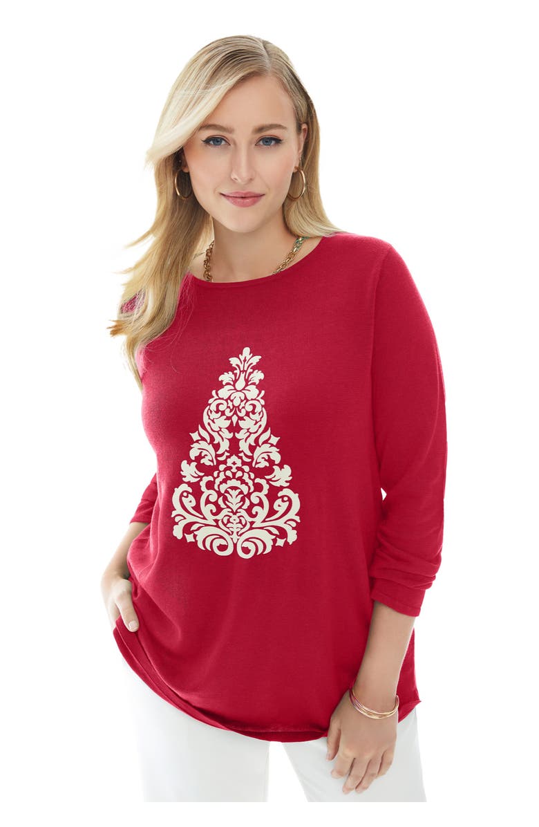 Jessica London Holiday Motif Pullover, Main, color, Classic Red Christmas Tree