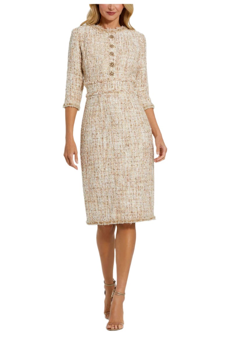 Mac Duggal High neck 3/4 Sleeve Beaded Trim Midi Dress, Main, color, Blush