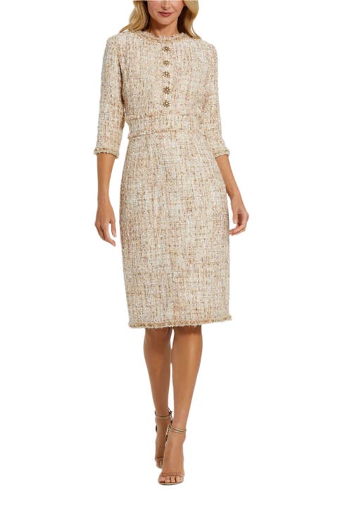 High neck 3/4 Sleeve Beaded Trim Midi Dress