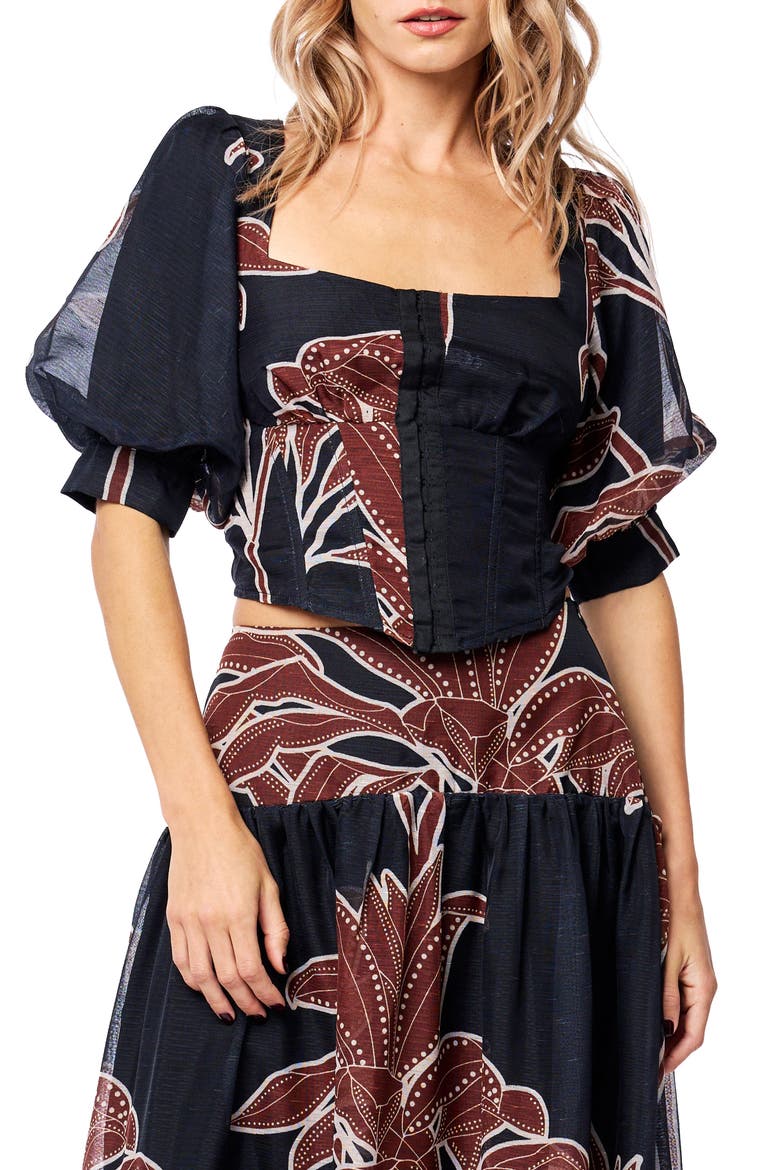 Caribla Puff Sleeve Corset Top, Main, color, BLACK MULTI