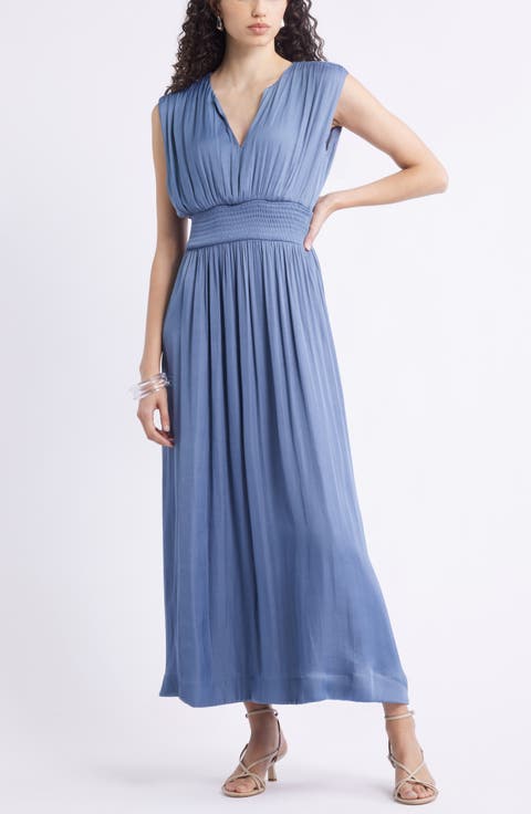 Sleeveless Smocked Satin Maxi Dress