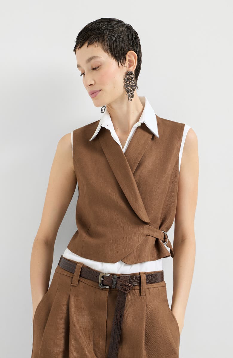 Brunello Cucinelli Linen diagonal vest, Alternate, color, Mou