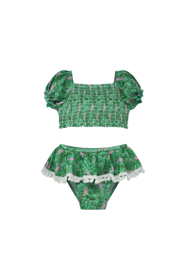 Girl's UPF 50+ Gemma Two Piece Pom-Pom Swimsuit, Main, color, Tropical Fronds