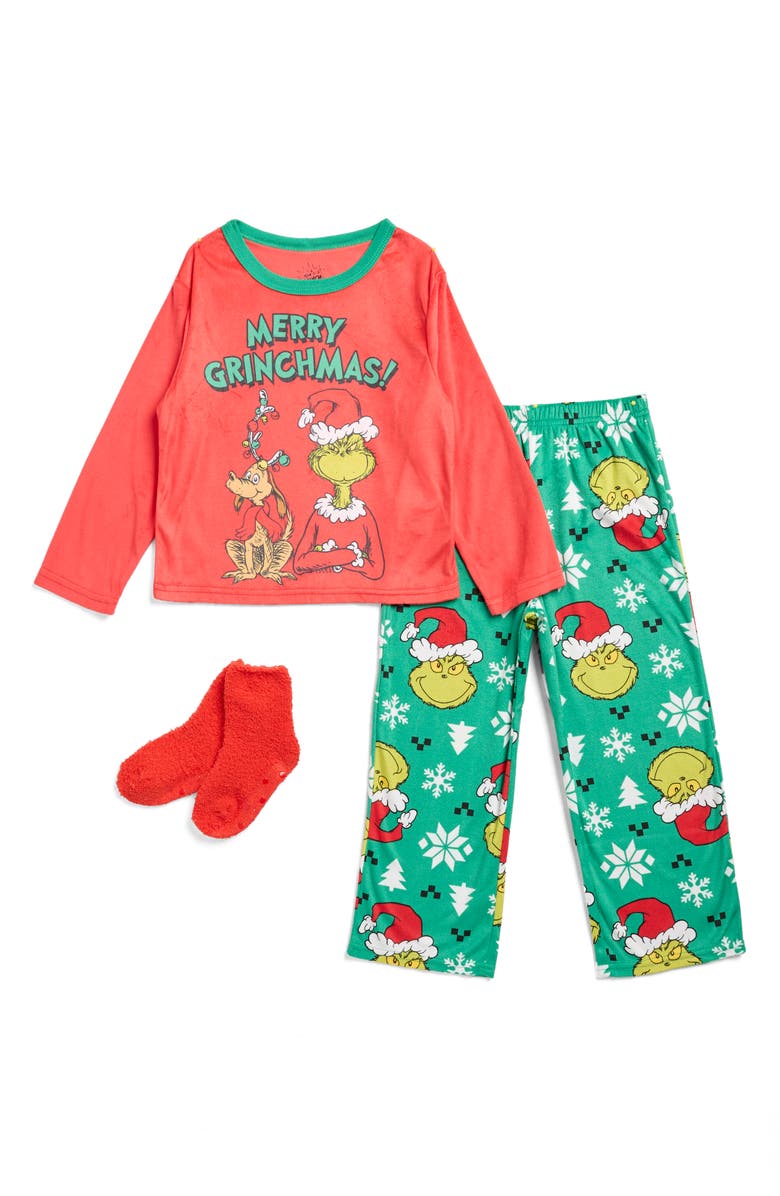 KOMAR Kids' The Grinch Merry Grinchmas Two-Piece Pajamas & Socks Set, Main, color, Red