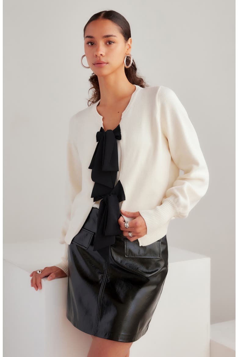 Dena Ribbon Tie Cardigan, Alternate, color, CREAM/ BLACK