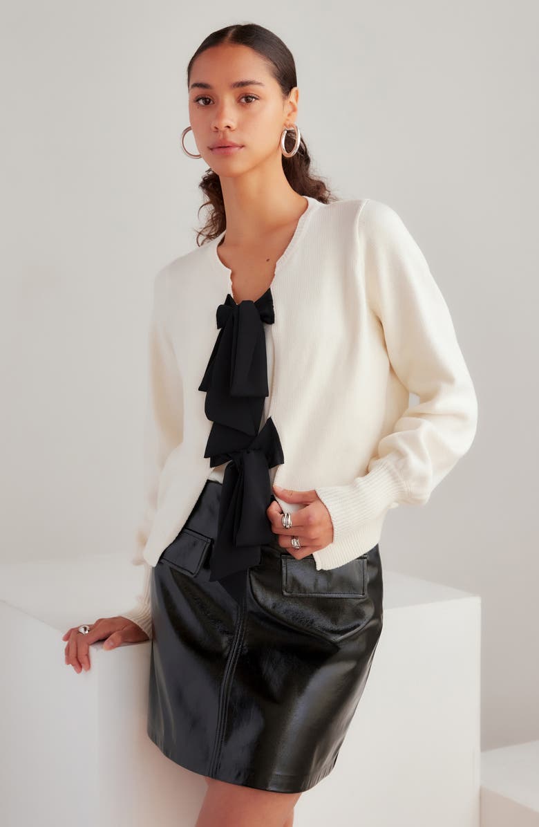 FIFTEEN TWENTY Dena Ribbon Tie Cardigan, Alternate, color, Cream/ Black