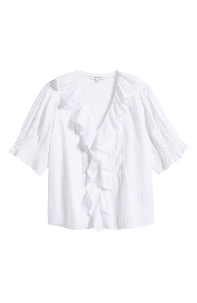 Madewell Windowpane Plaid Ruffle Puff Sleeve Top, Alternate, color, White