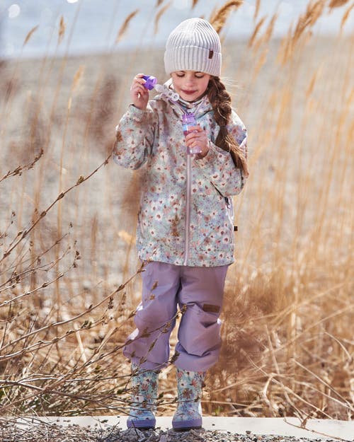 Deux Par Deux Little Girl's Printed Jacket Two-piece Mid-season Outerwear Set Small White Flowers On In White Flowers On Turquoise